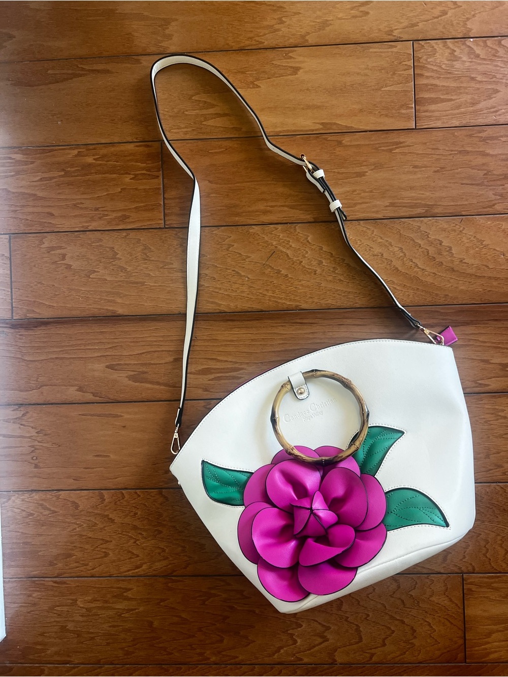 White Floral Accent Shoulder Bag with Pink Flower